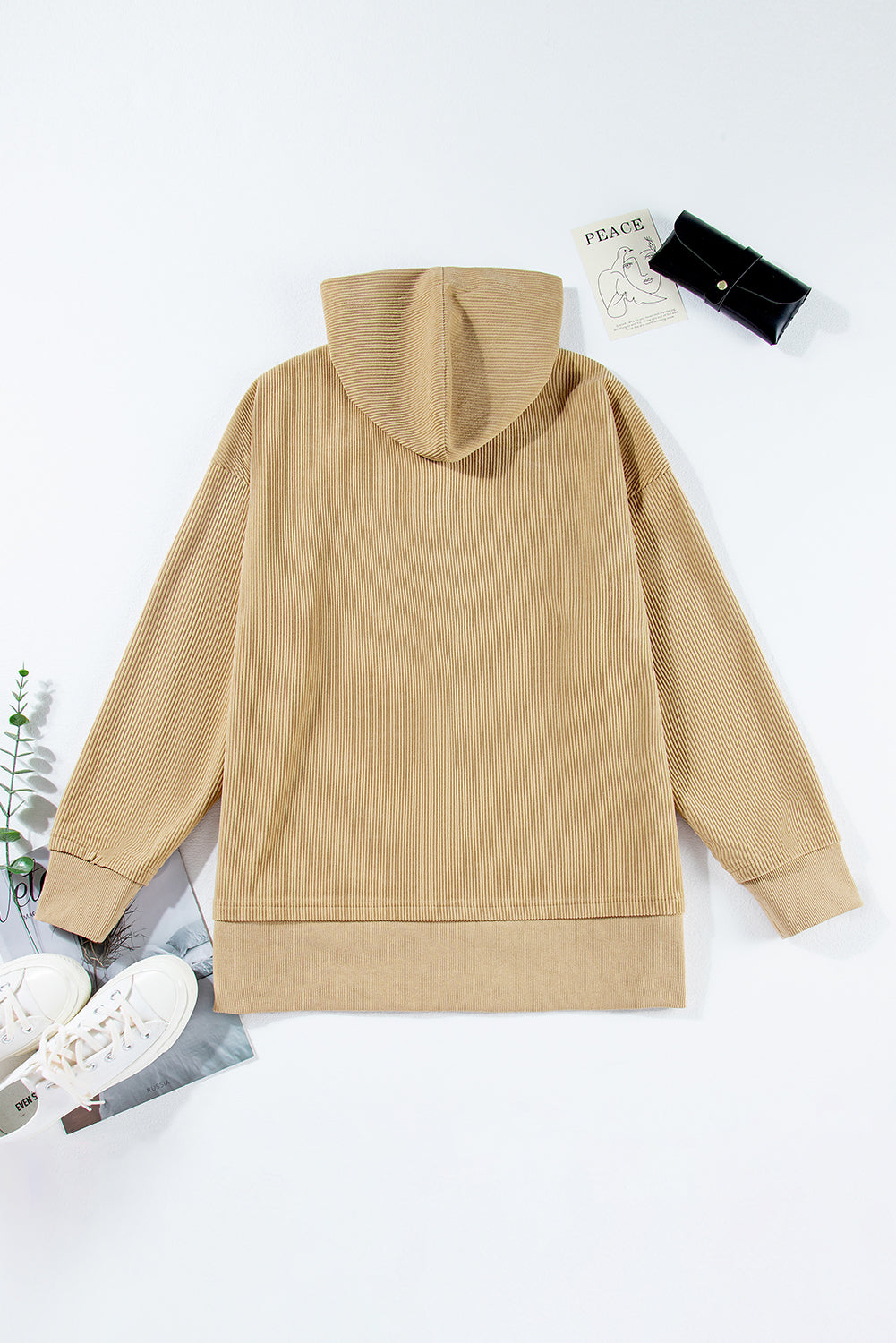 Solid Ribbed Knit Buttoned Drop Shoulder Oversized Hoodie