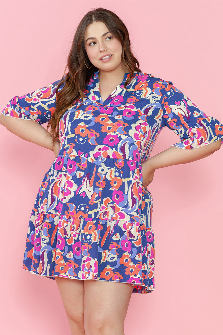 Plus Size Floral Print Ruffled 3/4 Sleeve Mini Dress