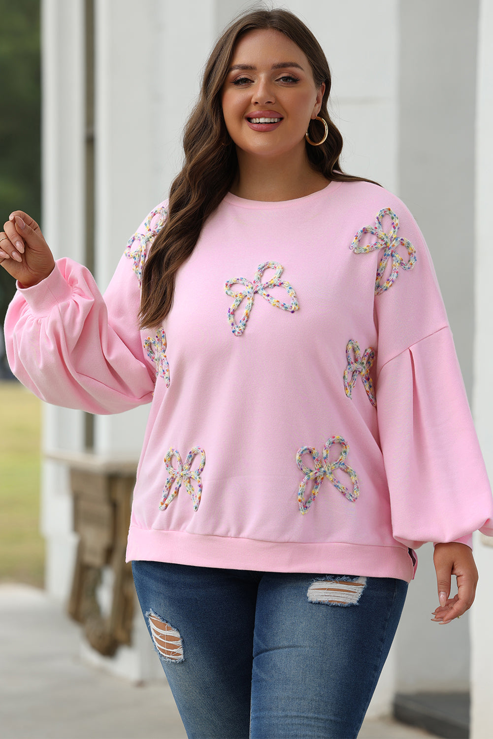 Embroidered Bow Lantern Sleeve Oversized Pullover Sweatshirt