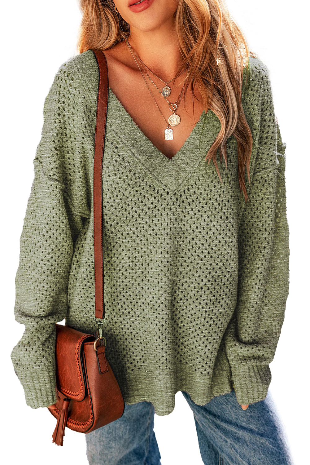 Loose Eyelet V Neck Drop Shoulder Sweater