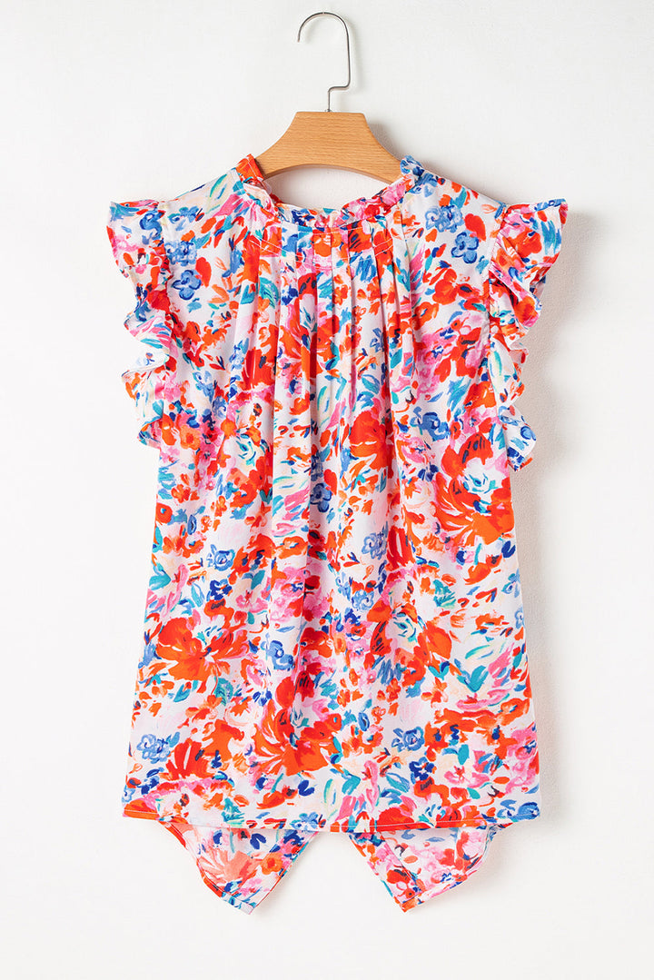 Frilled Neck Pleated Boho Floral Tank Top