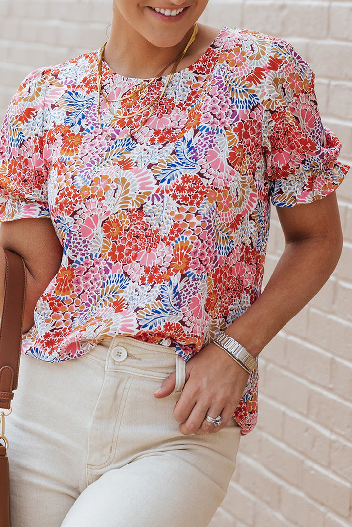 Mix Floral Pattern Bubble Sleeve Blouse