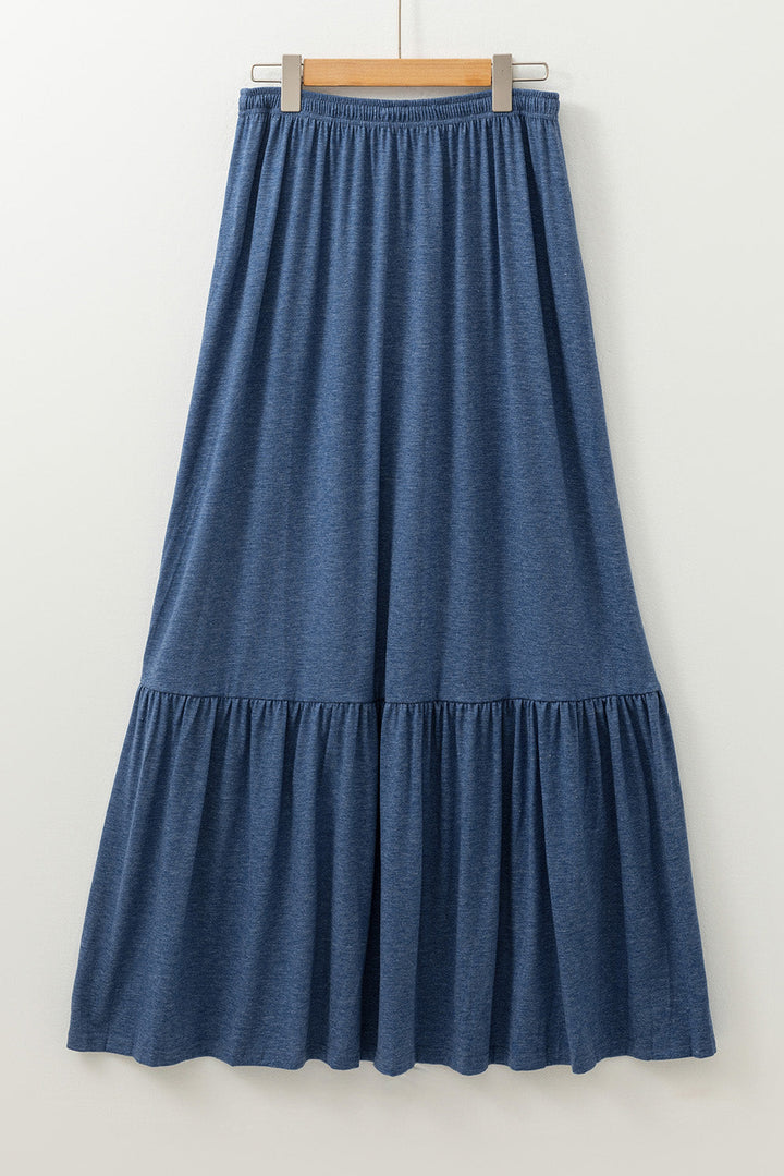 Solid Color Lace up High Waist Tiered Maxi Skirt