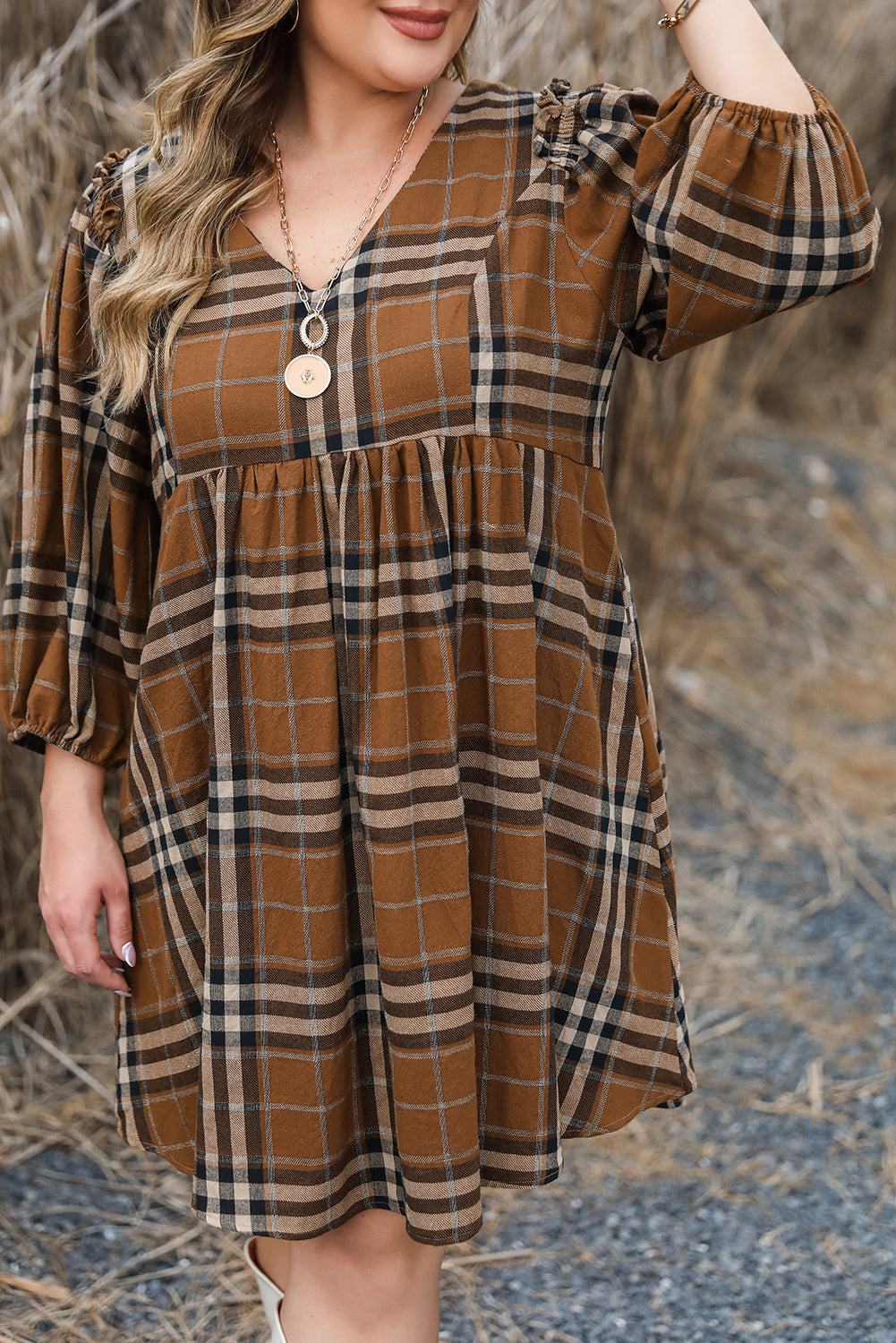 Plaid V Neck Plus Size Babydoll Dress