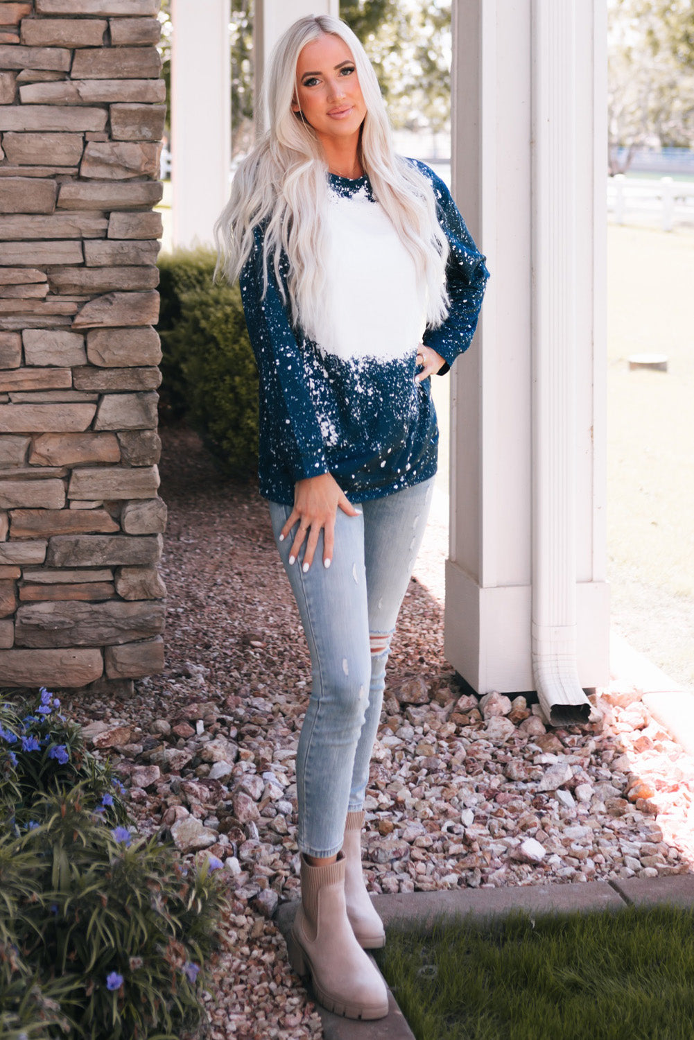 Navy Tie-dyed Crew Neck Pullover Sweatshirt