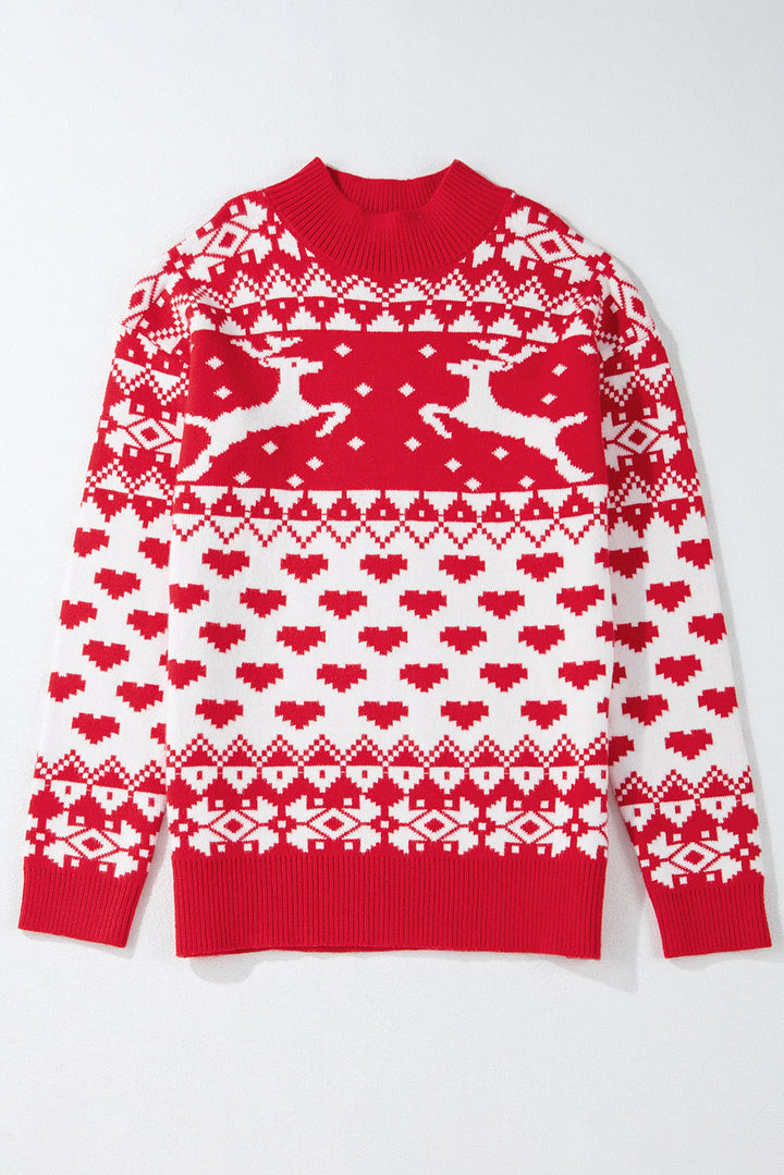 Merry Christmas Reindeer Heart Pattern High Neck Sweater