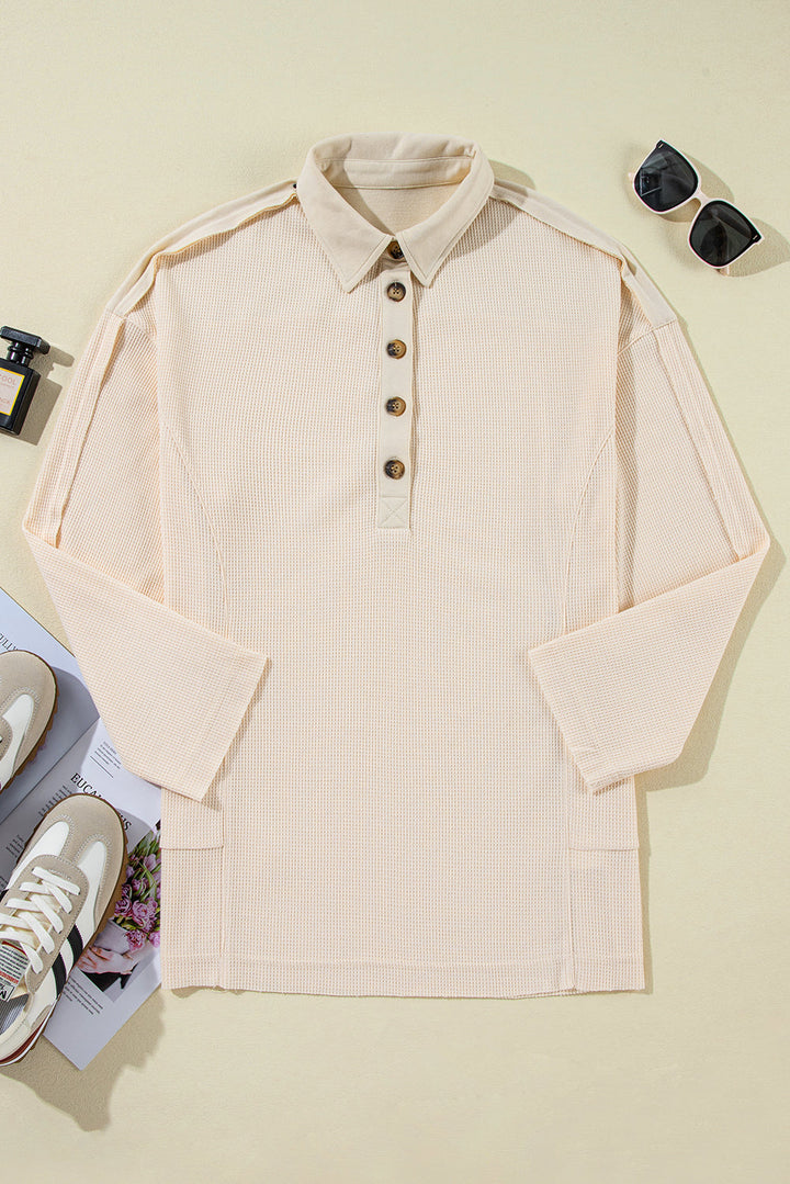 Waffle Long Sleeve Collar Half Button Loose Top