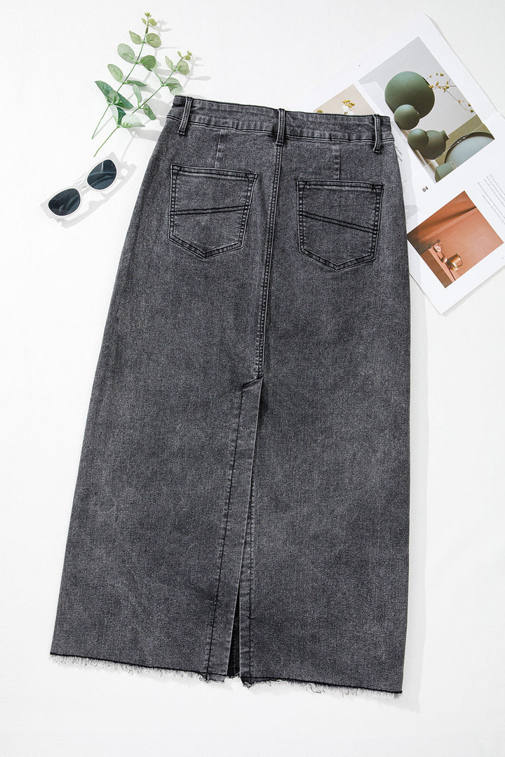 Denim Raw Hem Back Split High Waist Long Skirt