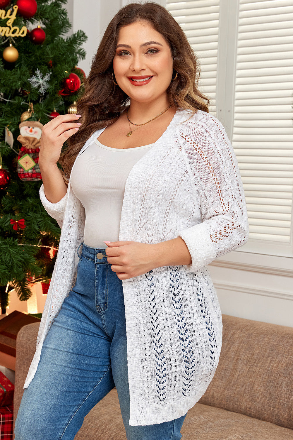 Plus Size Eyelet Knit Open Front Cardigan