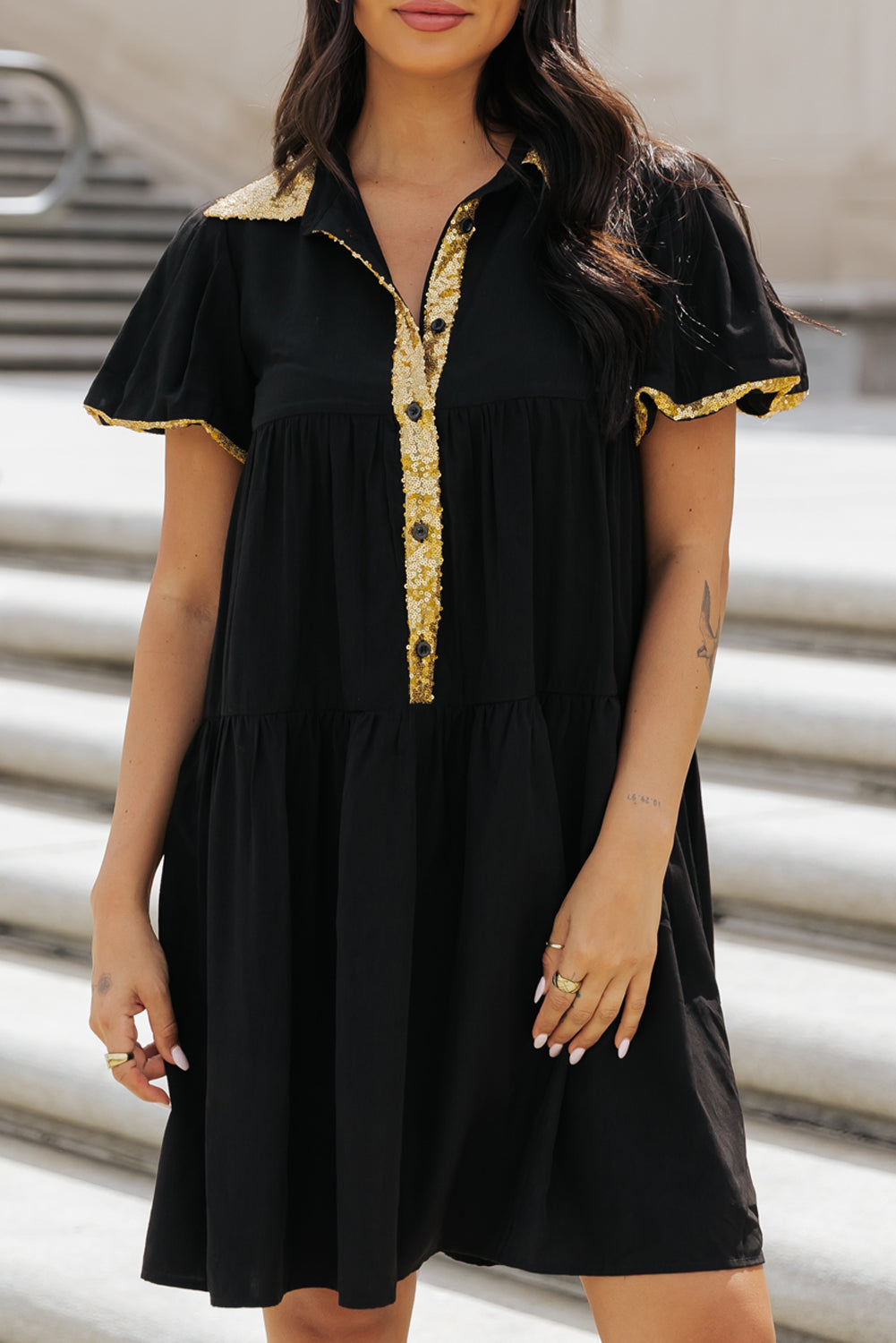 Sequin Trim Bubble Sleeve Game Day Shirt Dress