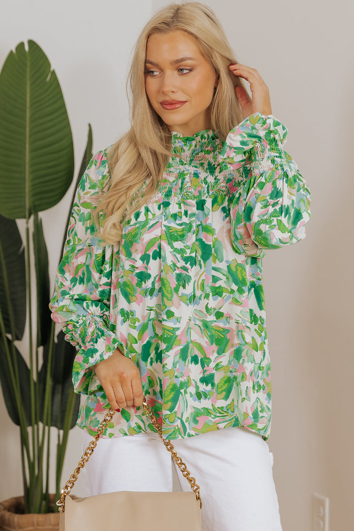 Leafy Printed Flounce Sleeve Shirred Mock Neck Blouse