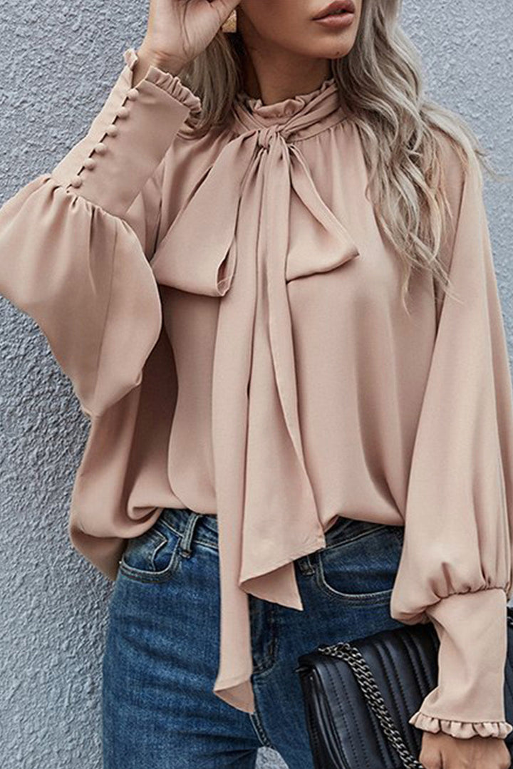 Frilled Knotted Mock Neck Bishop Sleeve Blouse