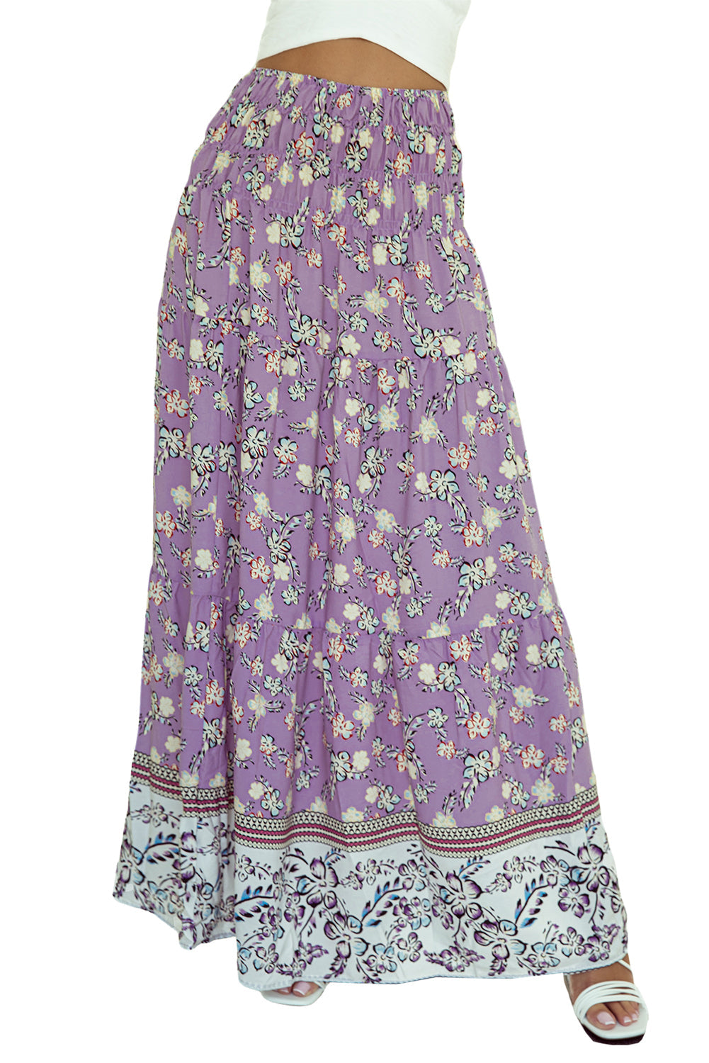 Floral Print Shirred High Waist Maxi Skirt