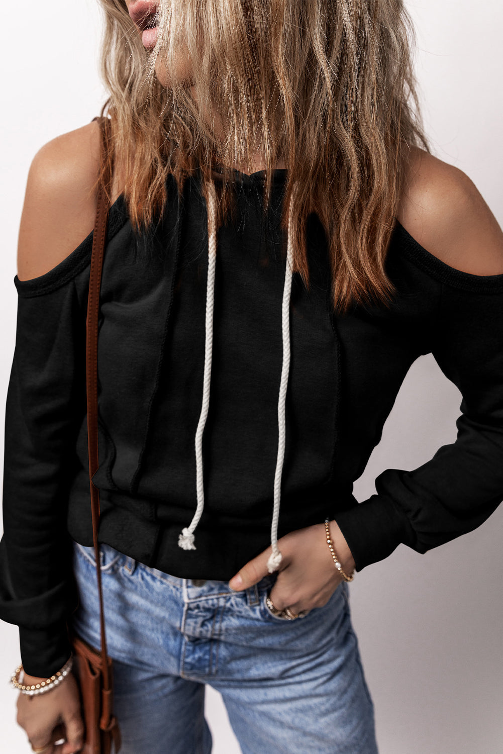 Exposed Seam Cold Shoulder Drawstring Hoodie