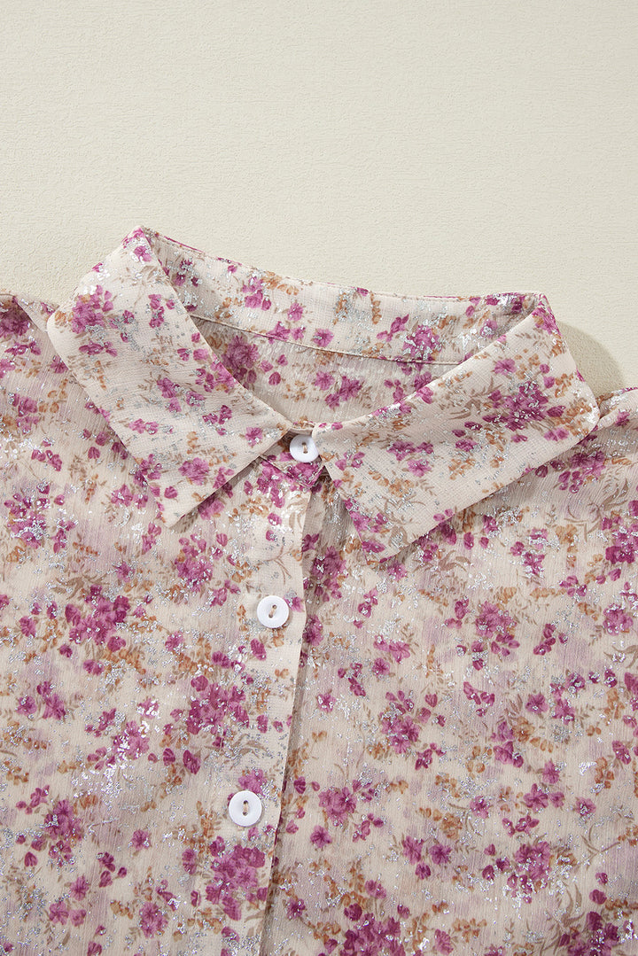 Floral Print Bishop Sleeve Collared V Neck Shirt