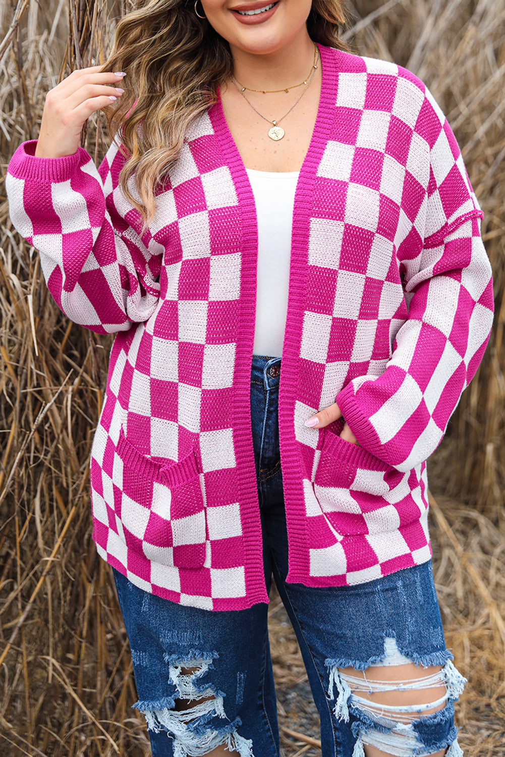 Checkered Pattern Open Front Plus Size Cardigan