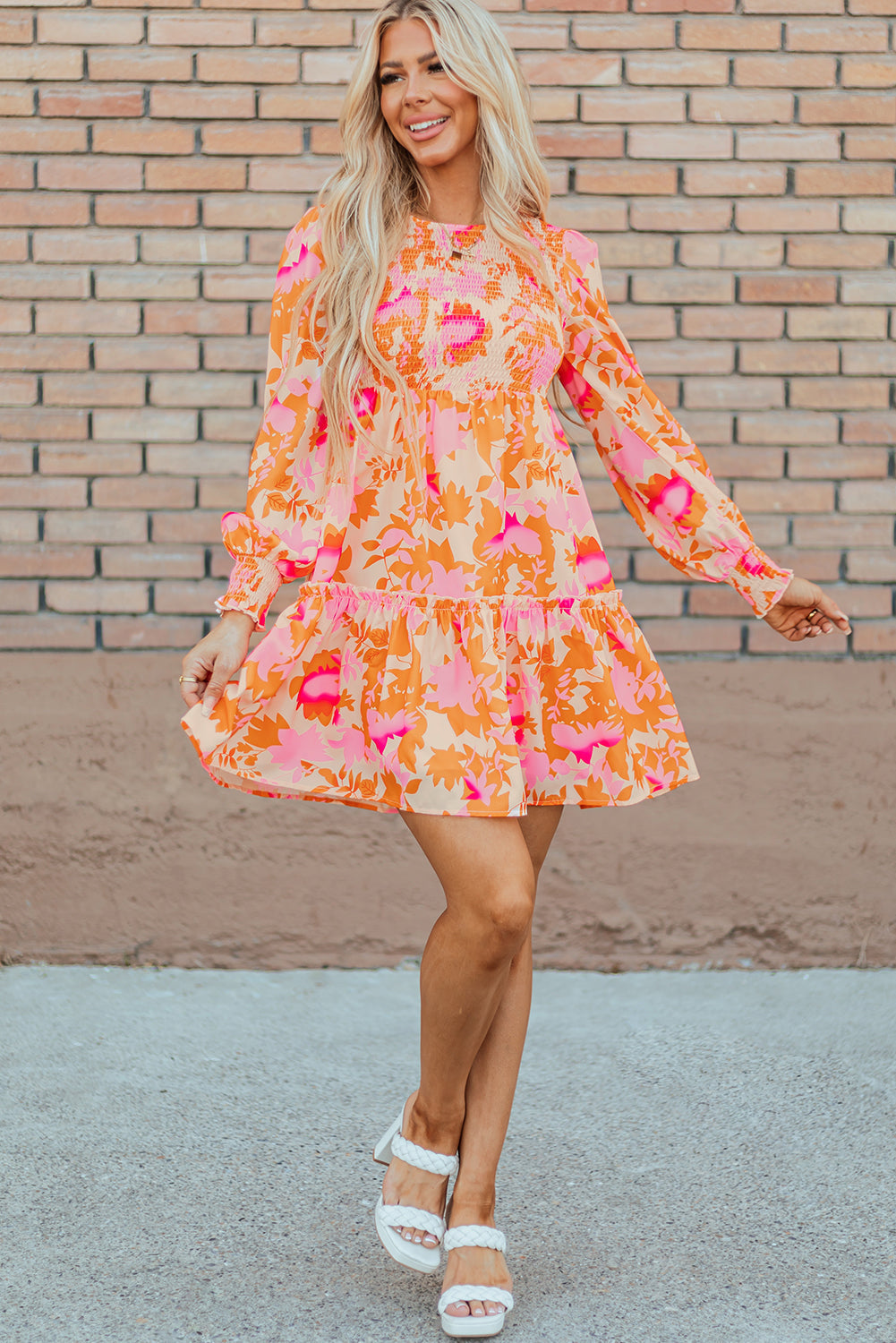 Abstract Print Smocked Lantern Sleeve Ruffle Mini Dress