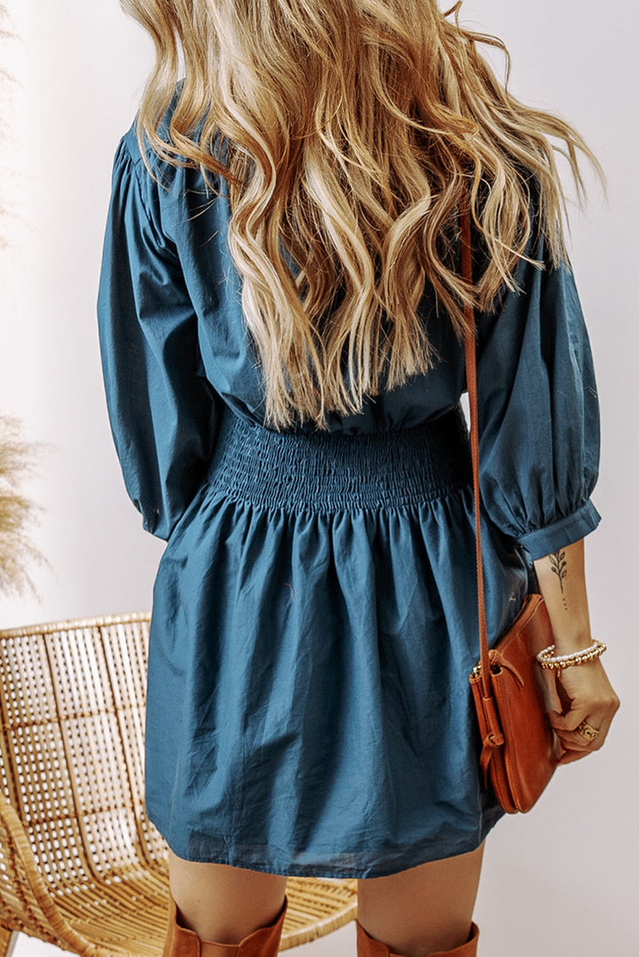 3/4 Sleeve Shirred High Waist Buttoned Mini Dress