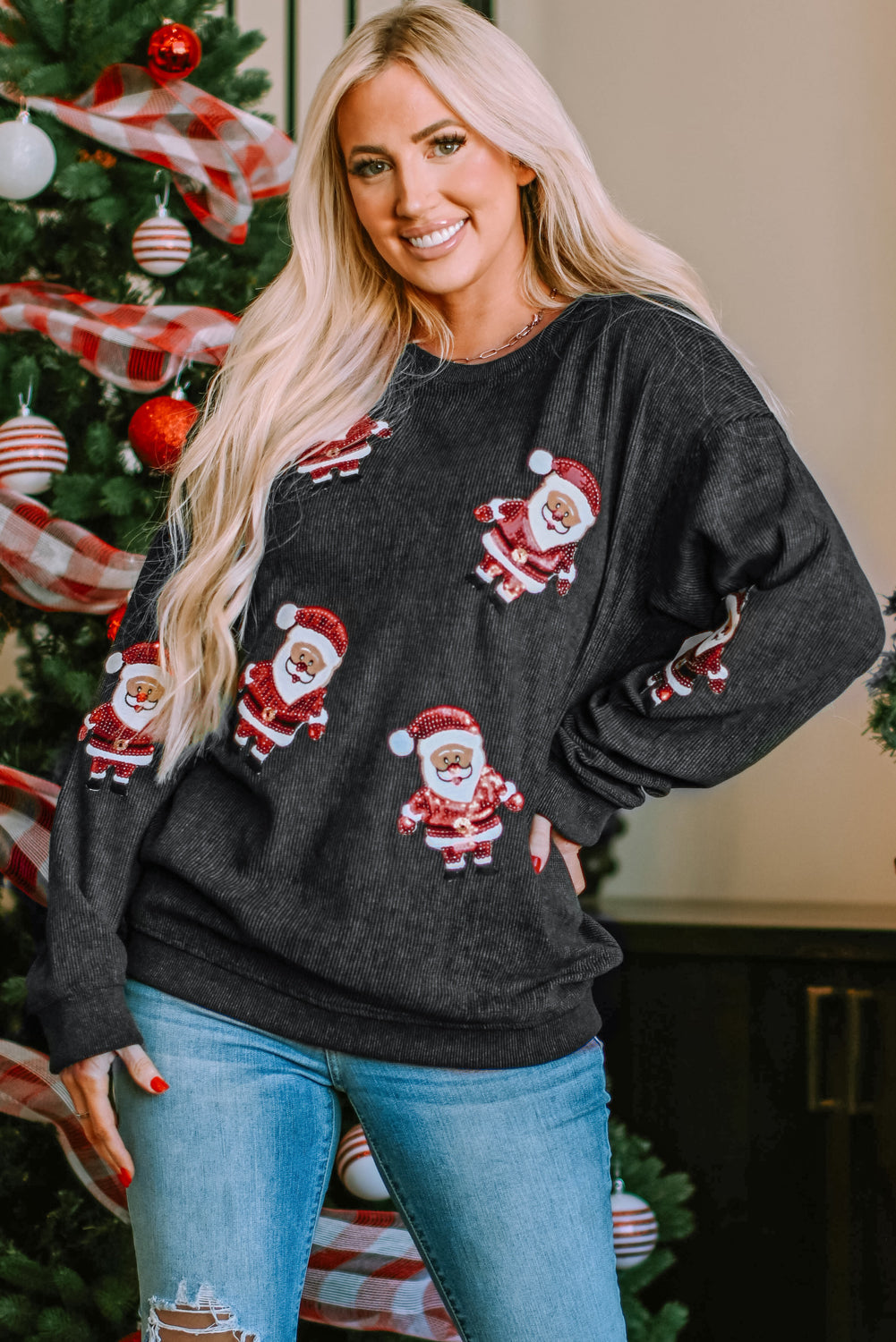 Sequined Santa Claus Graphic Corded Sweatshirt