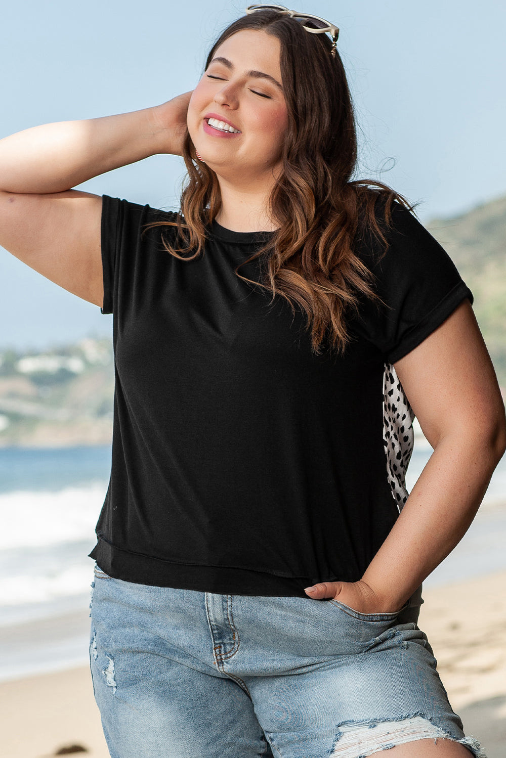 Plus Size Cheetah Back Rolled Cuffs T-shirt