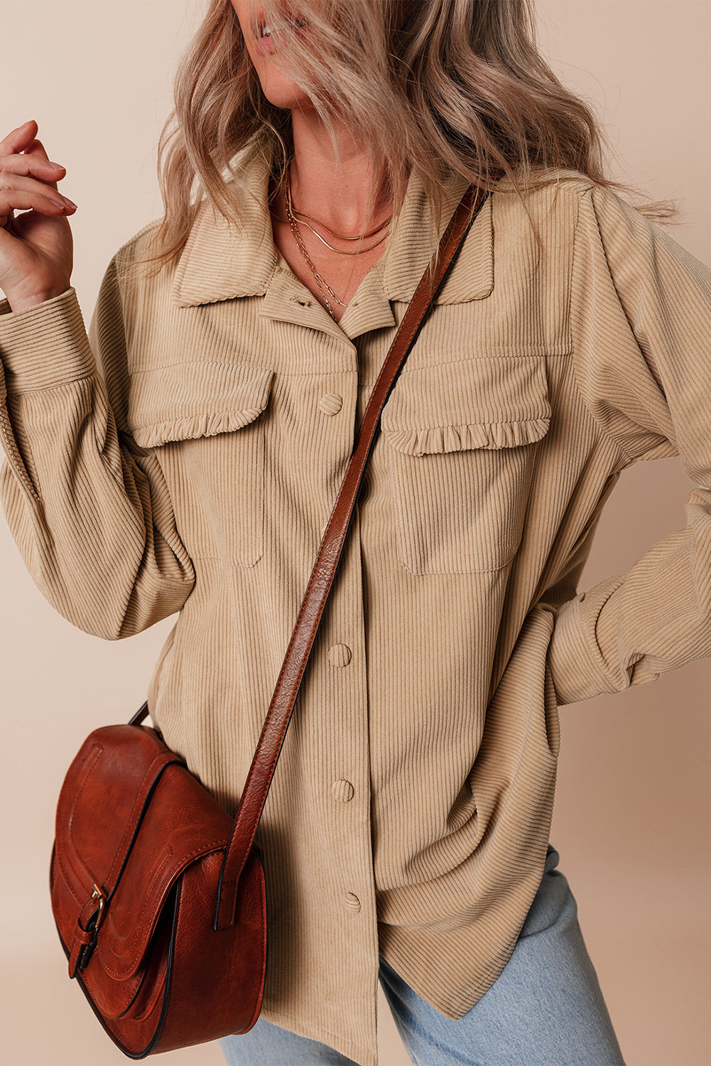 Solid Frilled Flap Pocket Button Up Corduroy Shacket