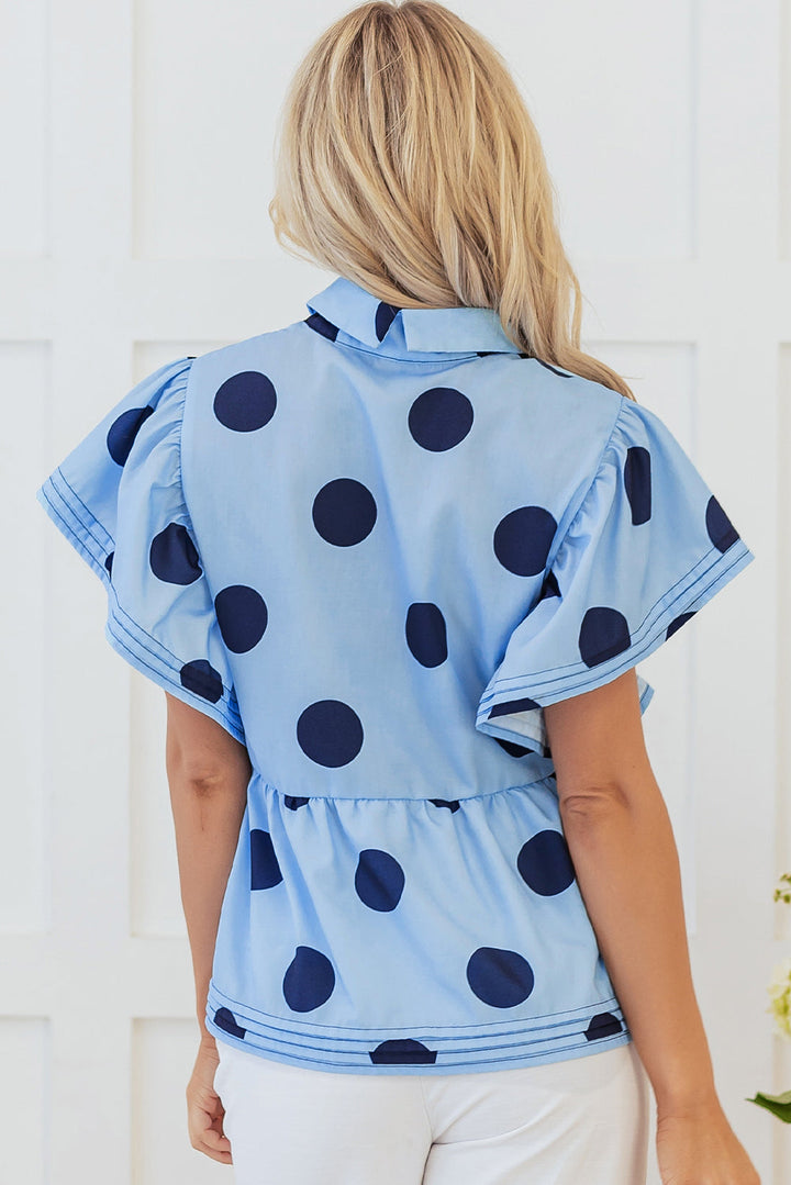 Polka Dot Print Ruffled Short Sleeve Buttoned Collared Blouse