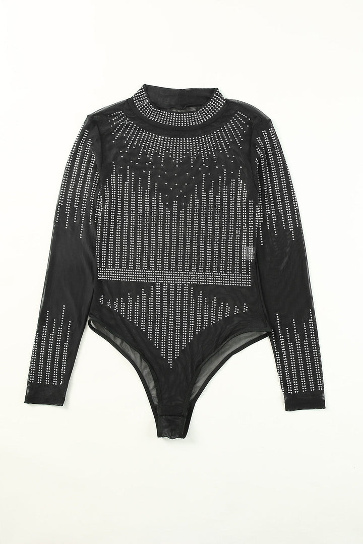 Rhinestone Sheer Mesh Long Sleeve Bodysuit