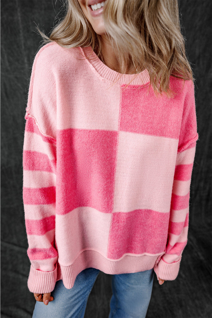 Checkered Colorblock Striped High Low Loose Sweater