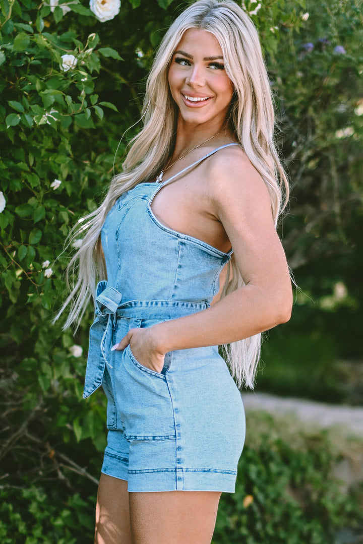 Spaghetti Straps Belted Denim Romper