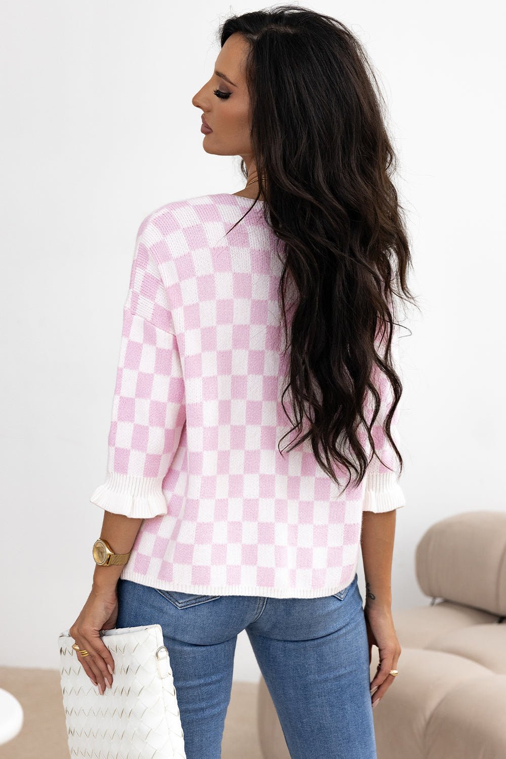 Checkered Knitted Lace-up Ruffled 3/4 Sleeve Cardigan