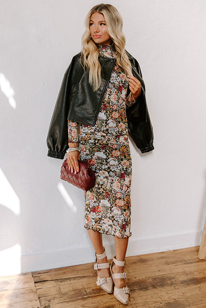 Floral Allover Print Mock Neck Bodycon Long Sleeve Midi Dress