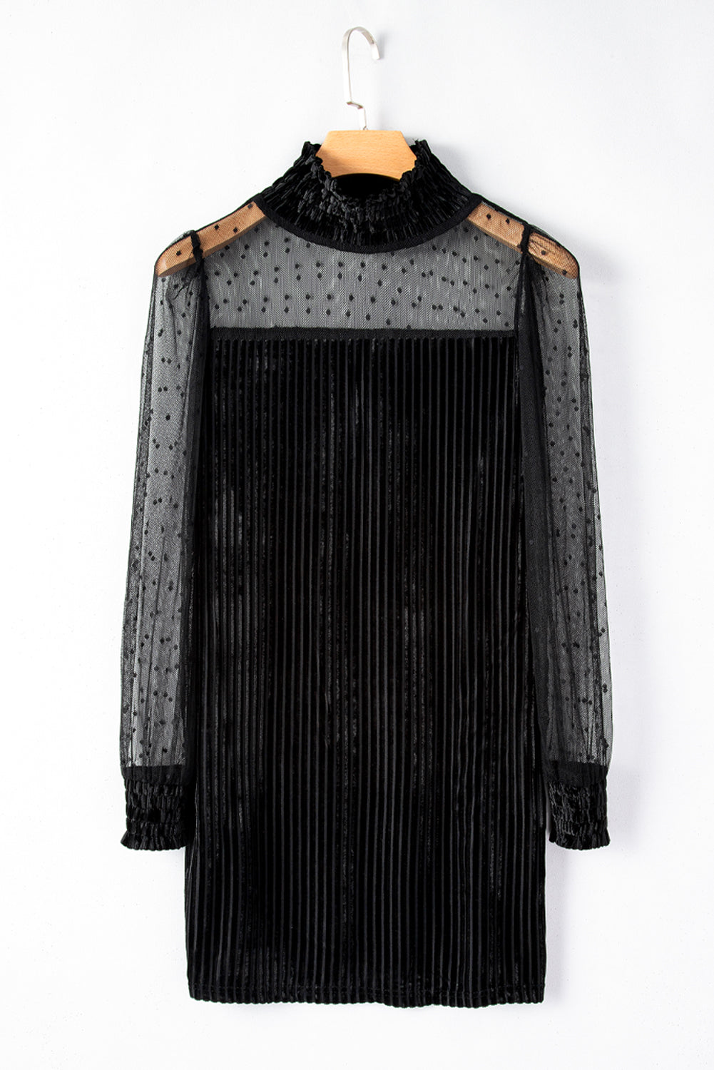 Dotted Mesh Striped Frilled Neck Bubble Sleeve Dress