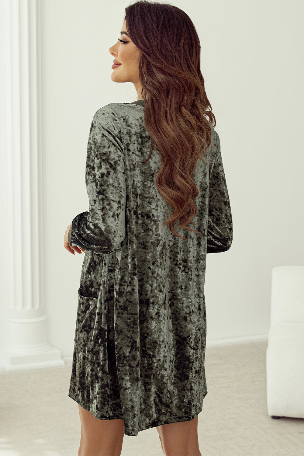 Velvet Long Sleeve V Neck Loose Dress with Pockets