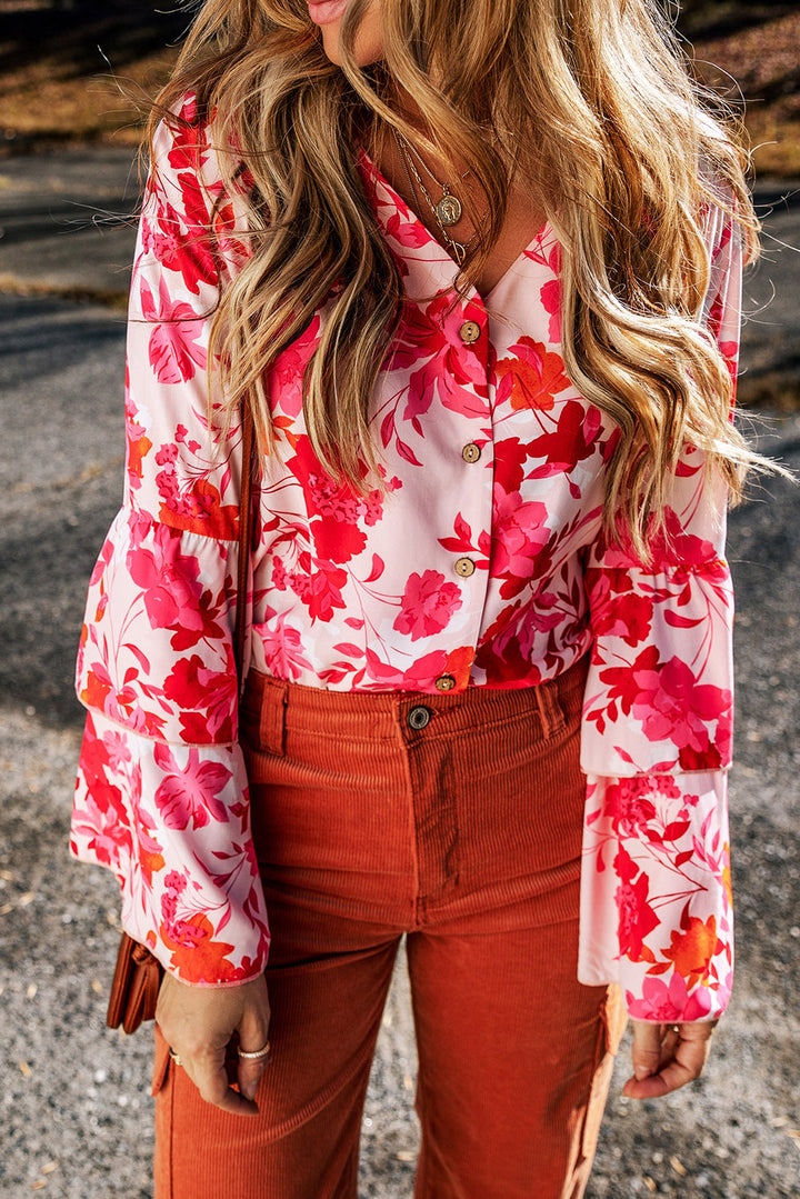 Floral Print Tiered Bell Long Sleeve Buttoned Bodysuit