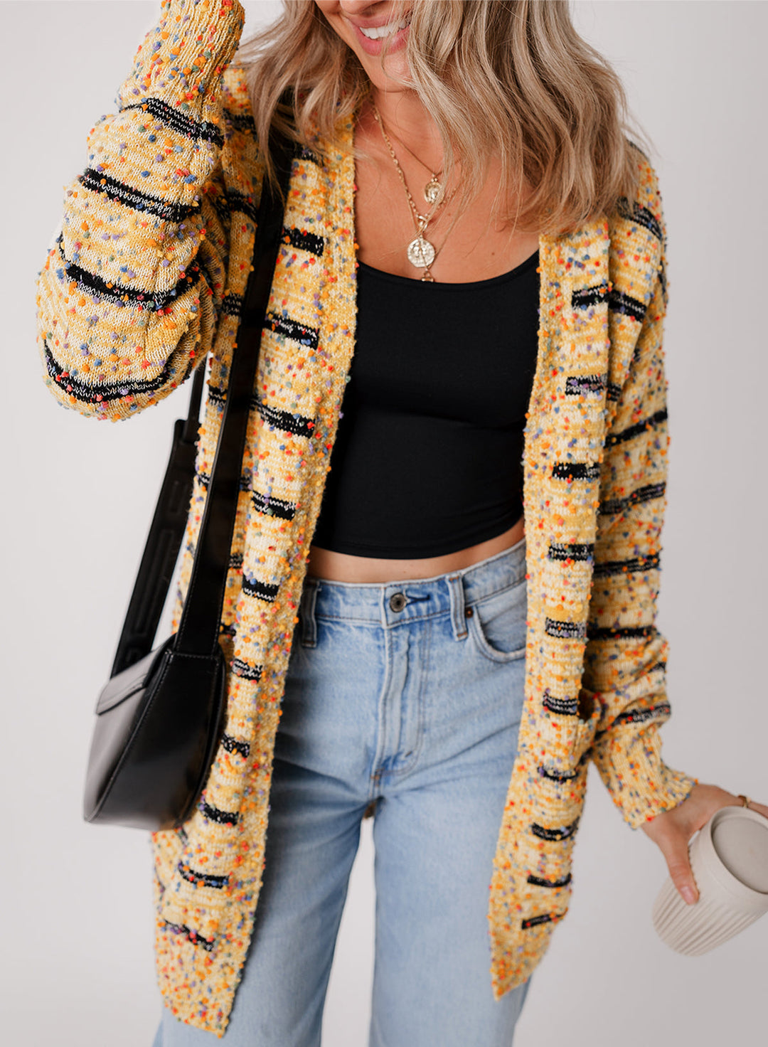 Striped Pom Pom Knit Open Front Long Cardigan