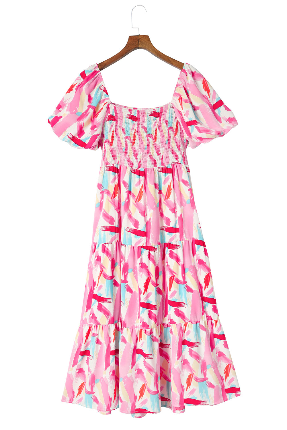 Brush Stroke Printed Smocked Ruffle Tiered Dress