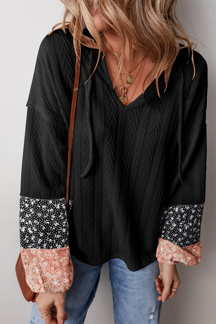 Floral Patchwork Textured Knit Drawstring V Neck Blouse