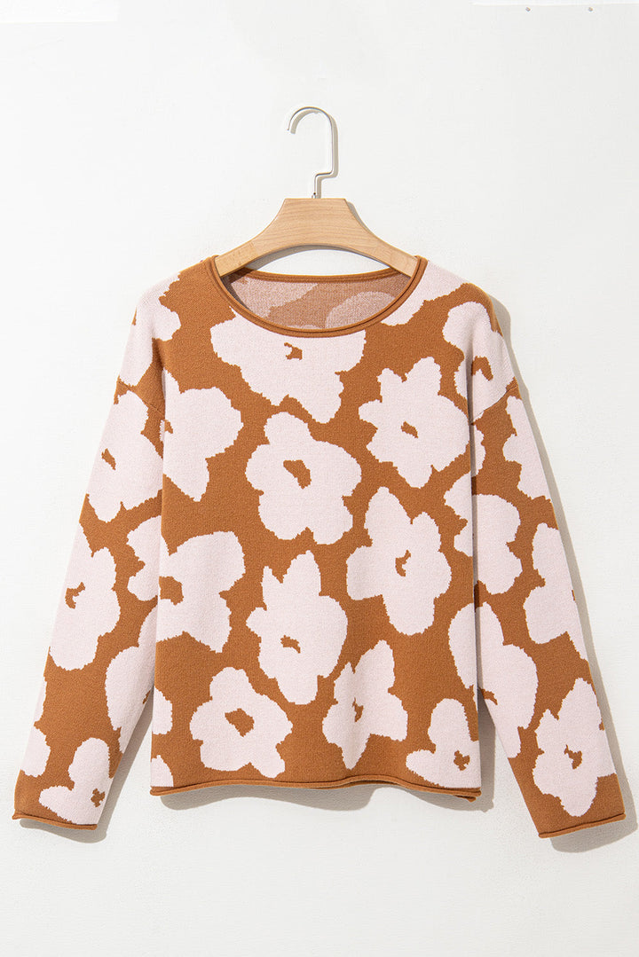 Floral Pattern Crew Neck Long Sleeve Loose Sweater