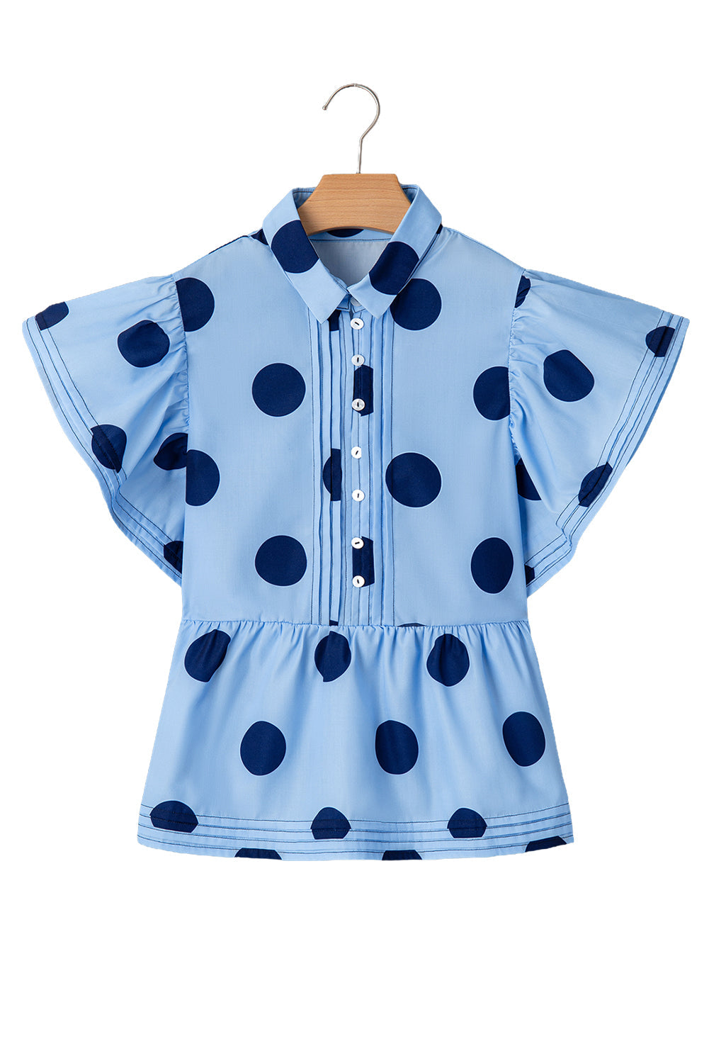 Polka Dot Print Ruffled Short Sleeve Buttoned Collared Blouse