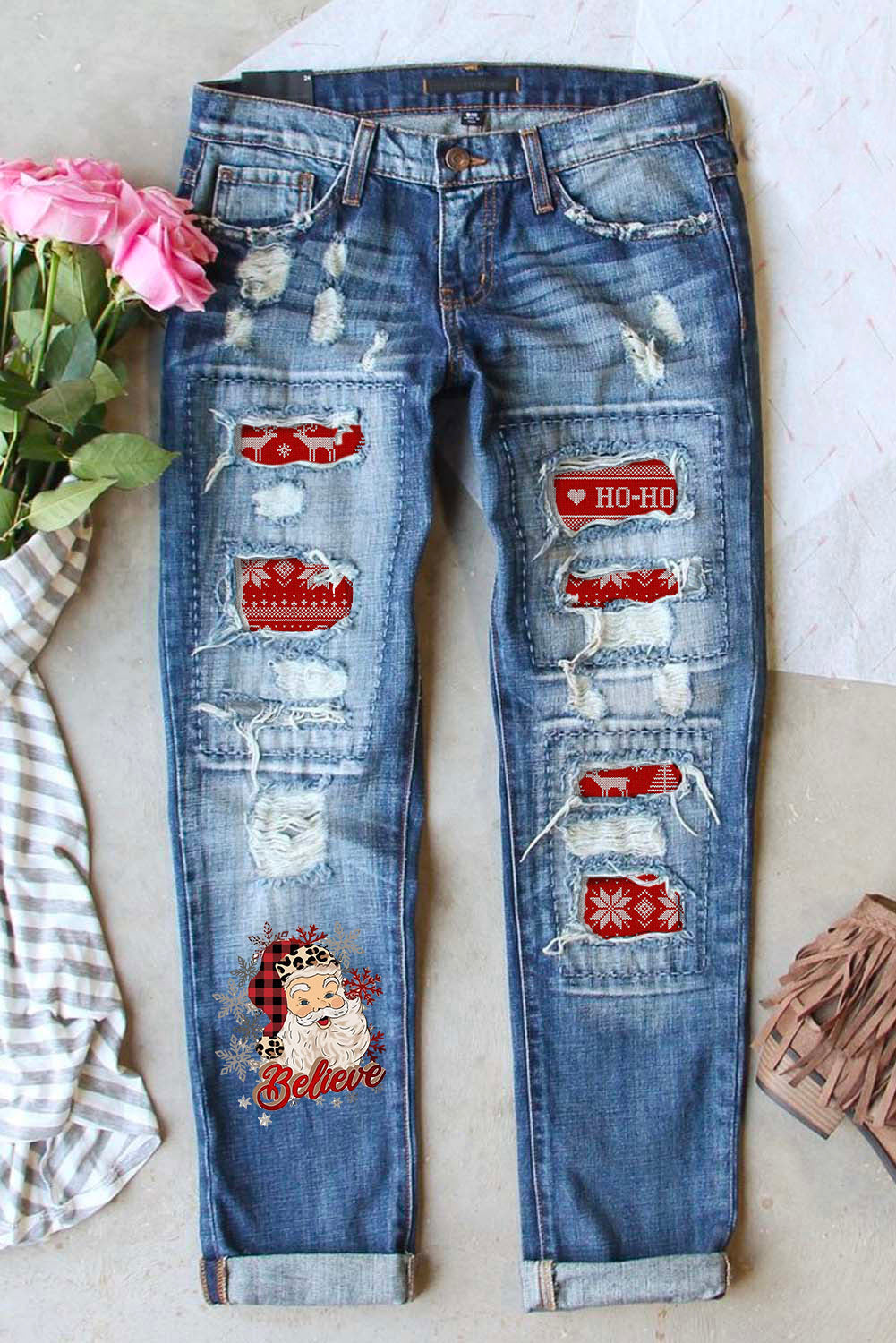 Sky Blue Santa Claus Pattern Splicing Distressed Boyfriend Jeans