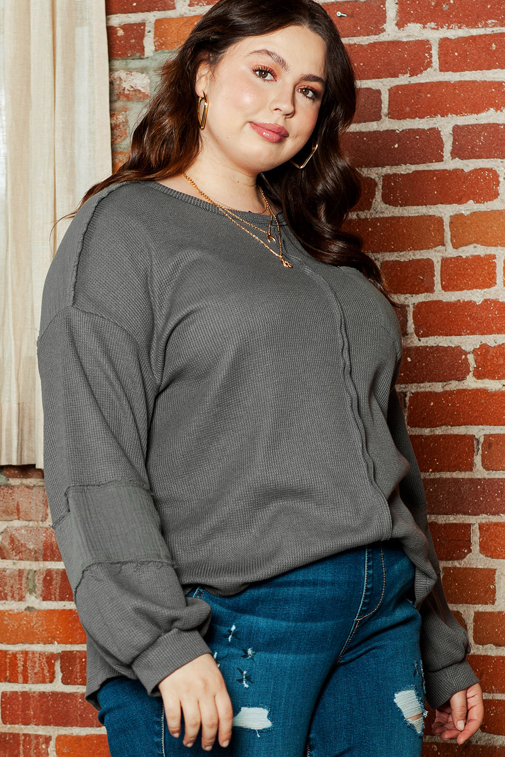 Plus Size Exposed Seam Crinkle Patchwork Top