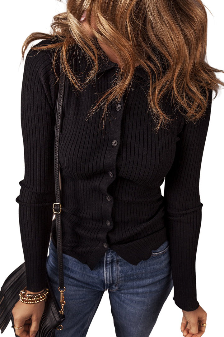 Ribbed Knit Collared Slim Fit Sweater Cardigan