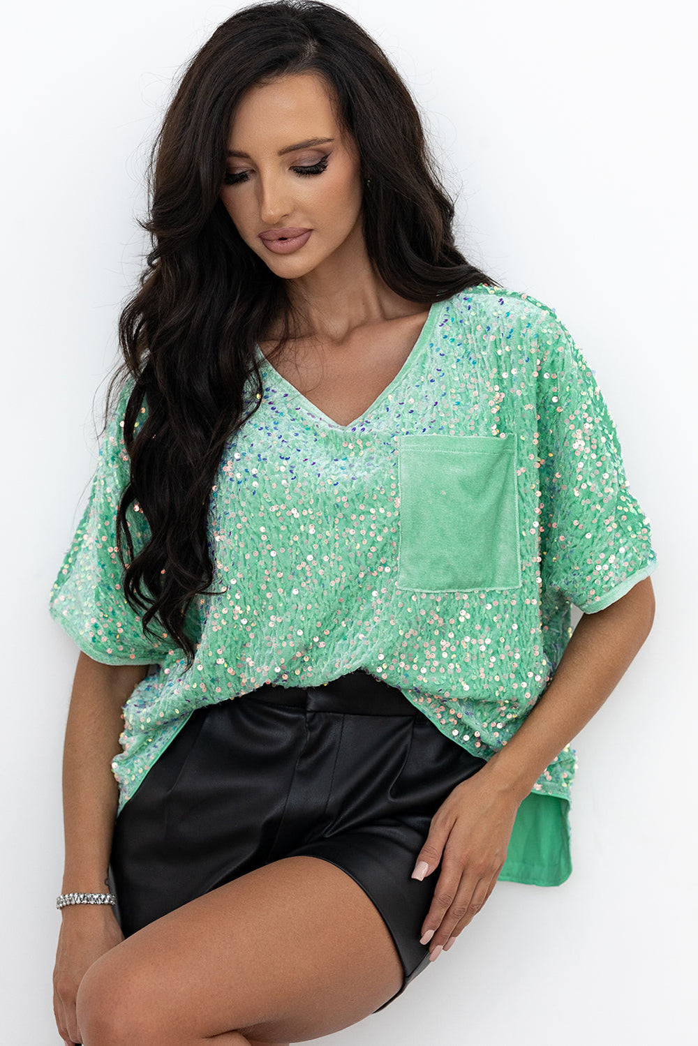 Sequin Batwing Sleeve V Neck Velvet Blouse