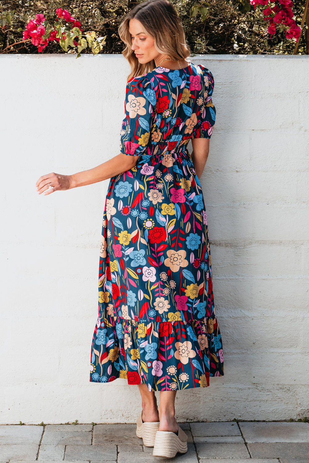 Retro Floral Printed Split Neck Maxi Dress