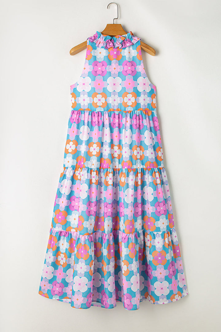 Floral Print Frilly Neck Sleeveless Tiered Maxi Dress