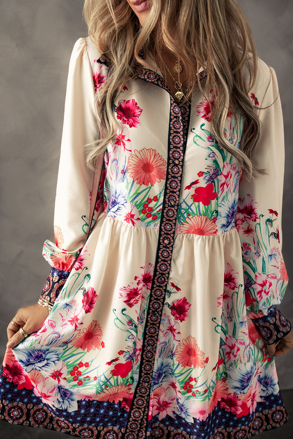 Floral Print Buttoned High Waist Shirt Mini Dress