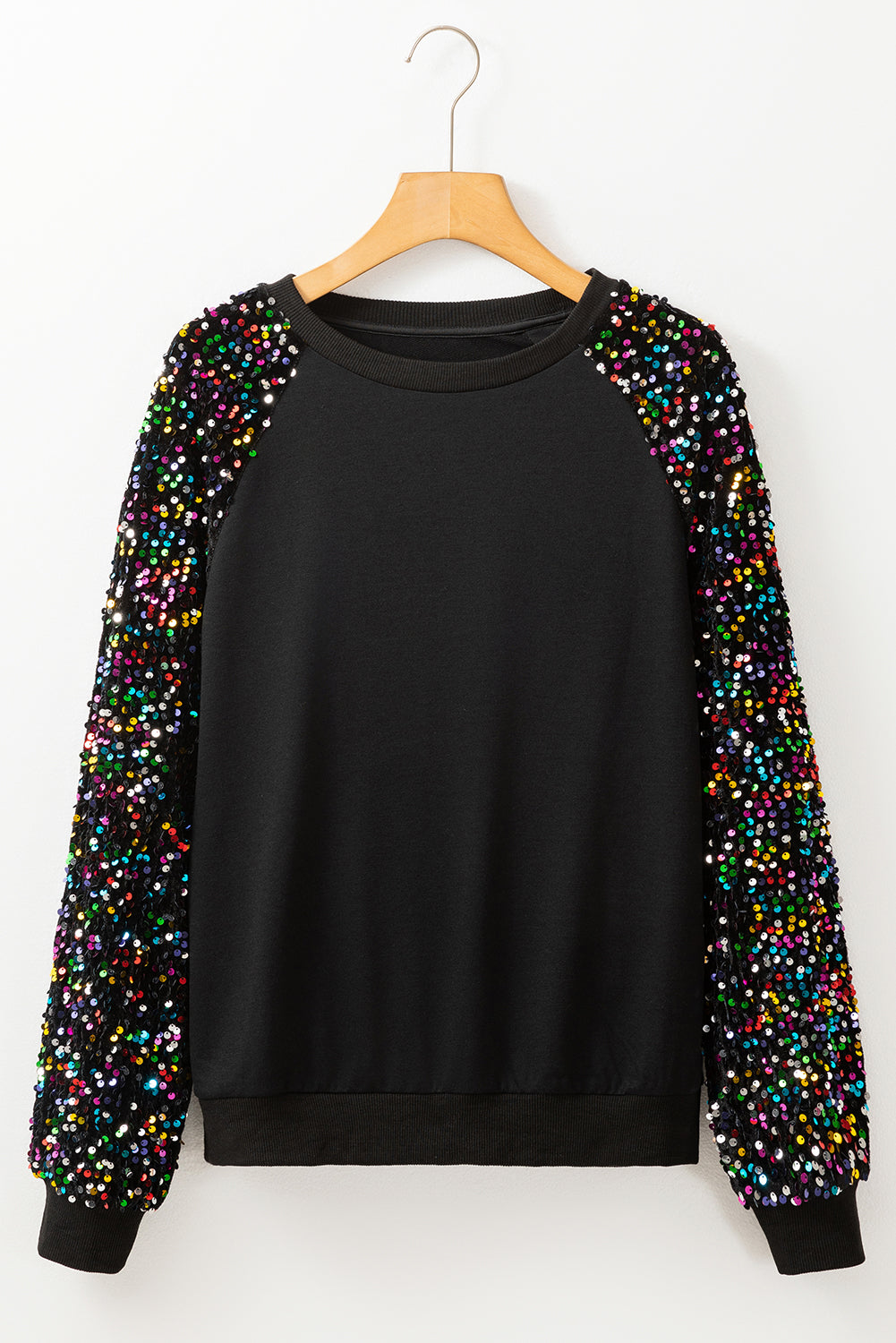 Sequin Raglan Sleeve Crewneck Pullover Sweatshirt