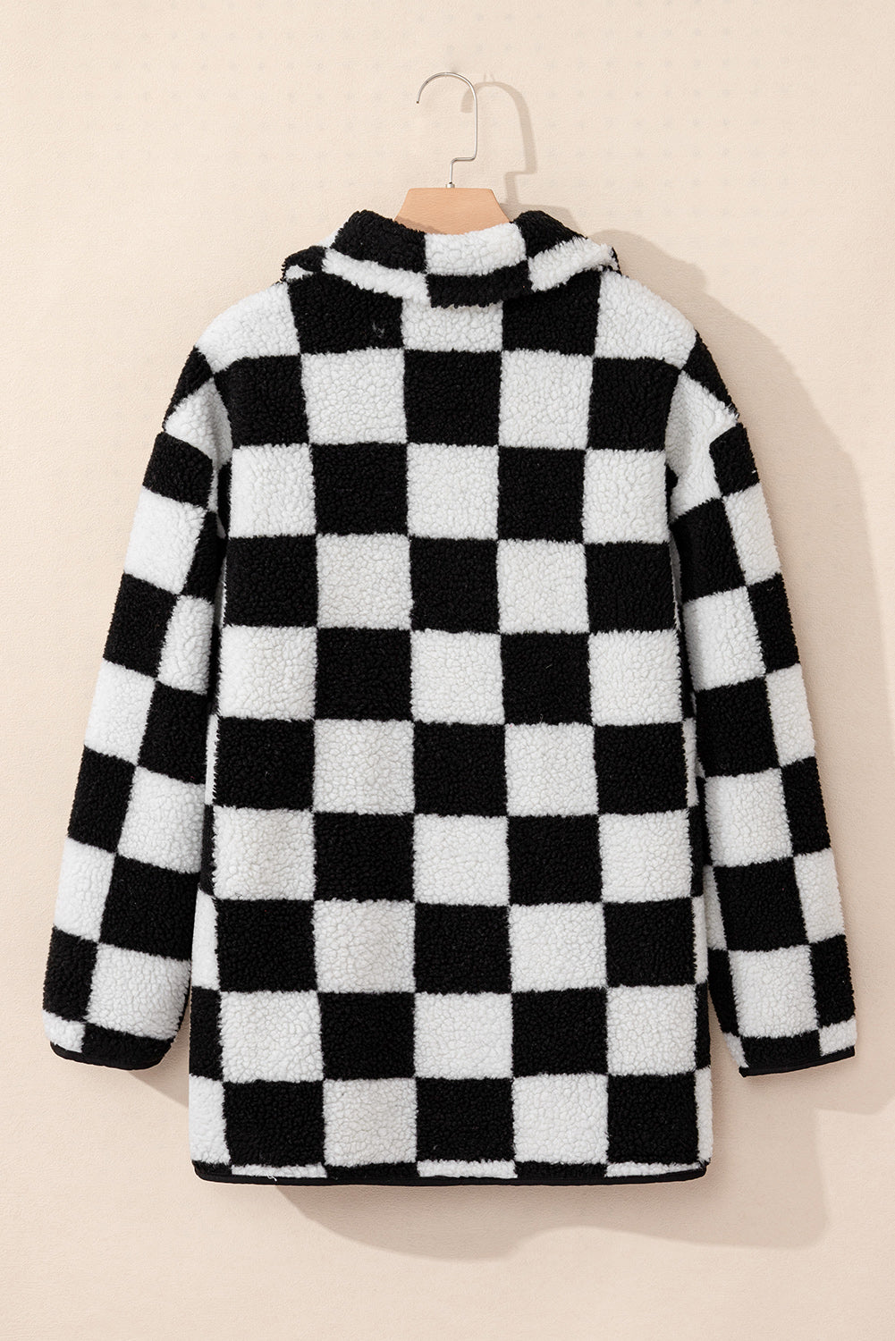 Checkered Side Pockets Collared Buttoned Fleece Jacket