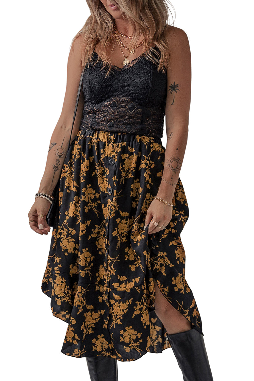 Elastic Waist Button Decor Floral Ruffle Skirt