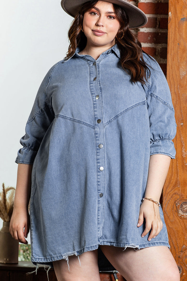 Ruffled 3/4 Sleeve Buttoned Front Plus Size Denim Dress